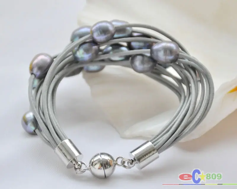 

15row 8" 13mm black rice pearl gray leather bracelet