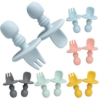 food grade infant mini silicone tableware set baby soft kitchen accession fork spoon kids portable soild color teaspoon