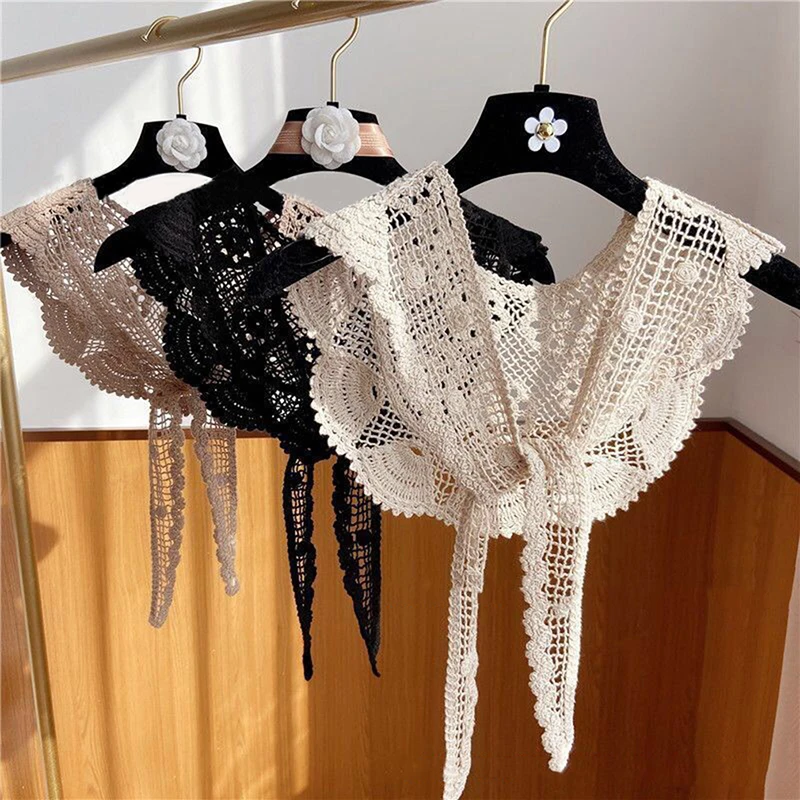 

New Pastoral Style Women False Fake Collar Hollow Out Embroidery Floral Lace Half Shirt Shawl With Lace Up Bowtie Necklace
