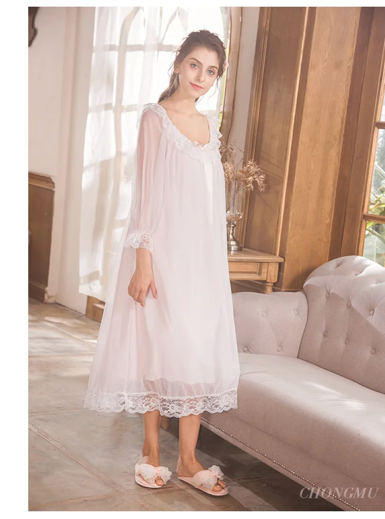 Элегантный белый розовый Sleepdress осеннее кружевное платье, одежда для сна, Фонари с галстуком-бабочкой, одежда для сна с длинными рукавами, ночная рубашка из хлопка, пижама, пеньюар