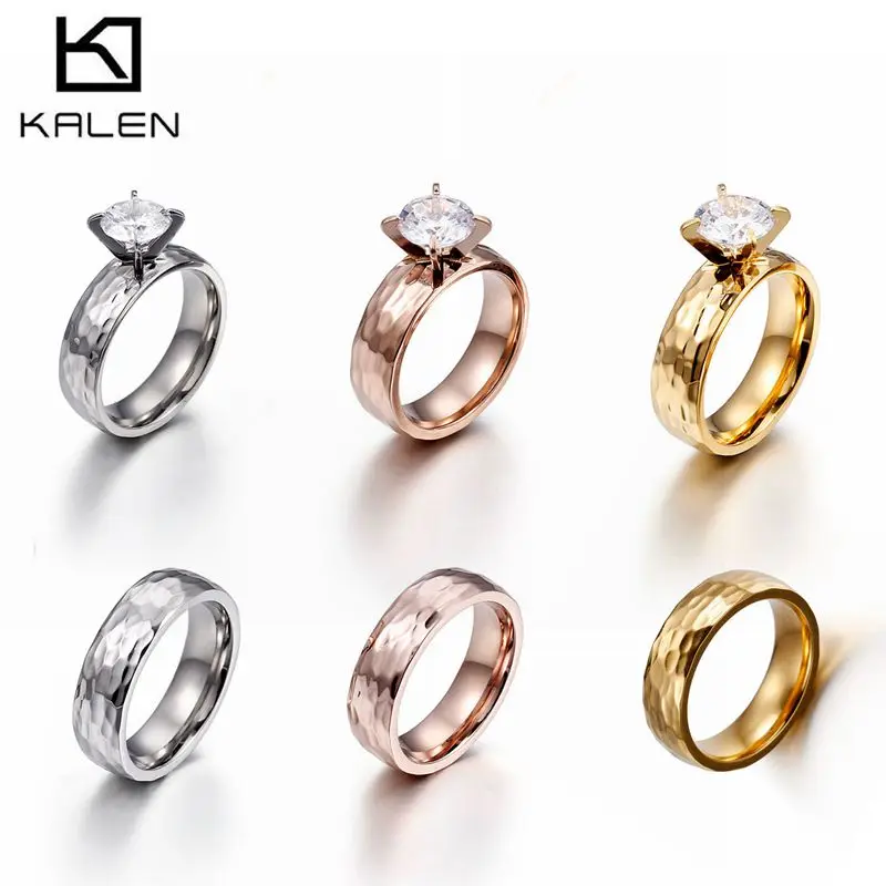 Kalen Lovers обручальные кольца кубические циркониевые кольца золотые из нержавеющей стали, волнообразный узор кольца подходят для женщин и мужчин пара обещаний ювелирные изделия