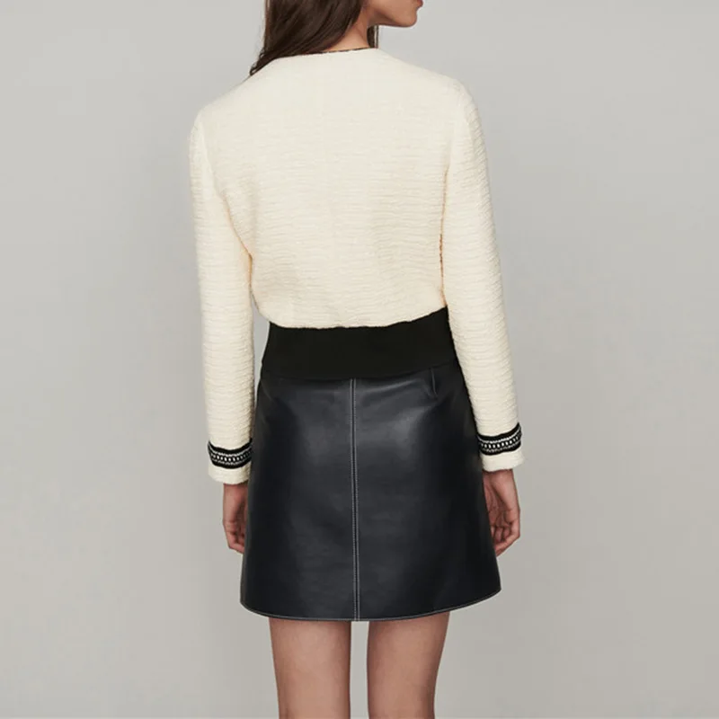 Женская твидовая укороченная куртка бежевое короткое пальто на молнии с круглым