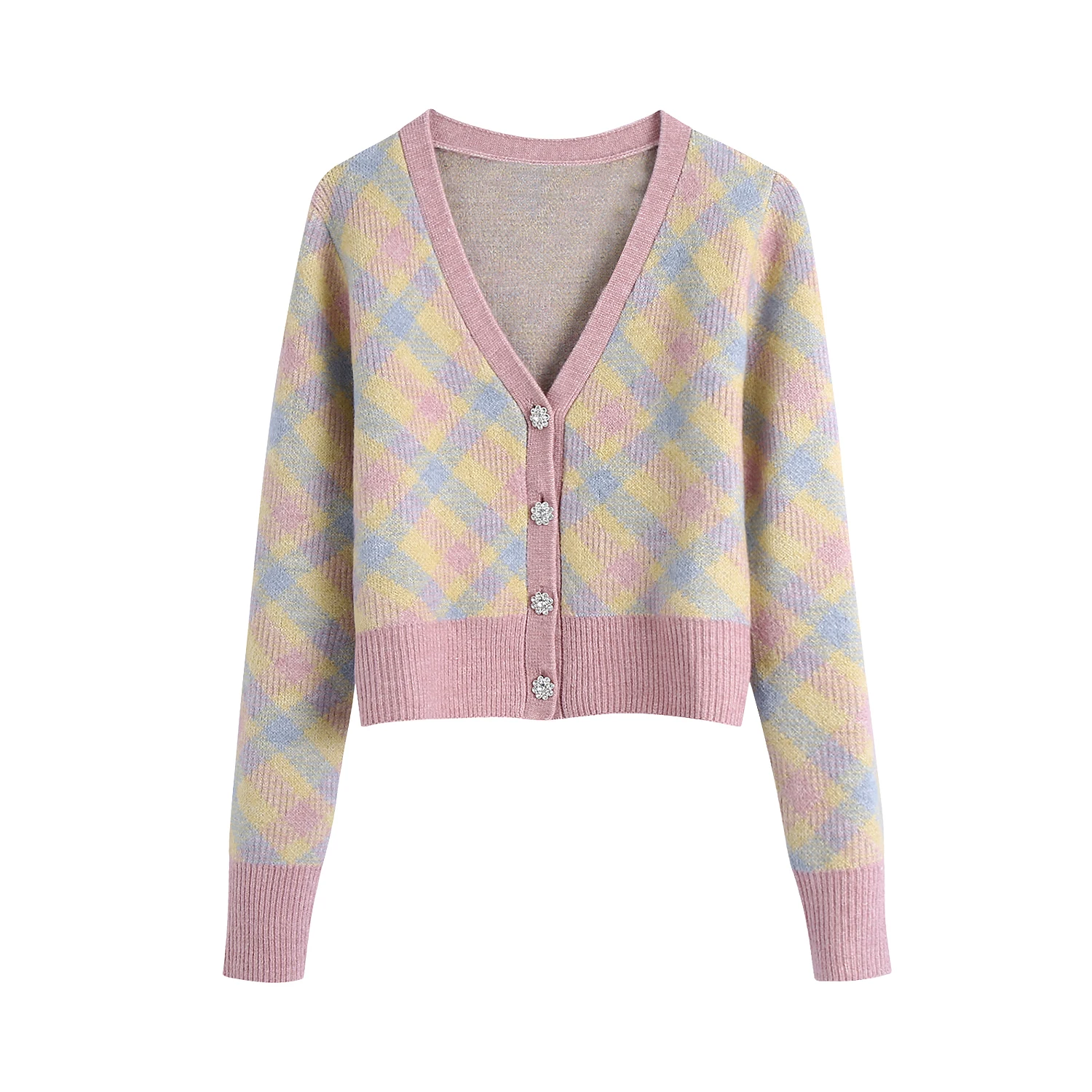 

Women Brocade Sweater Diamond Plaid Print Cardigan Autumn Winter Spring Casual V-Neck Thnick Long Sleeve Crochet Female Tops