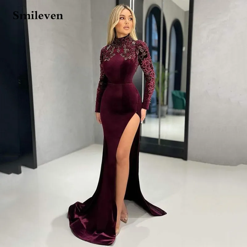 

Smileven Velvet Mermaid Evening Dress 3D Lace Long Sleeve High Neck Party Dresses Robe De Soirée Side Split Prom Gowns