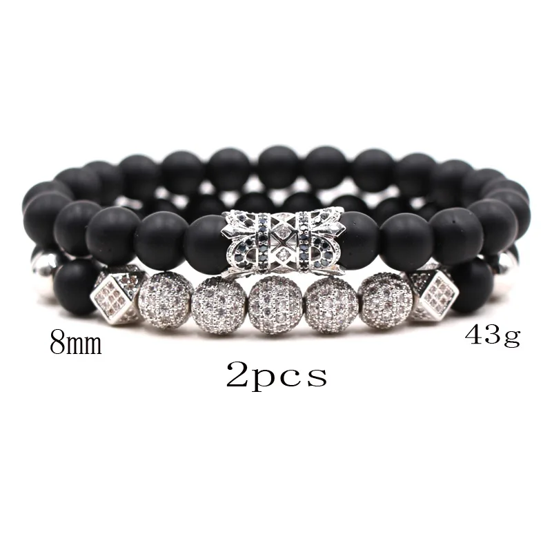 

2PCS/Set Charm Matte Black 8mm Natural stone bead Bracelets Pave CZ Pattern tube bracelet for Men&Women charm Handmade Jewelry