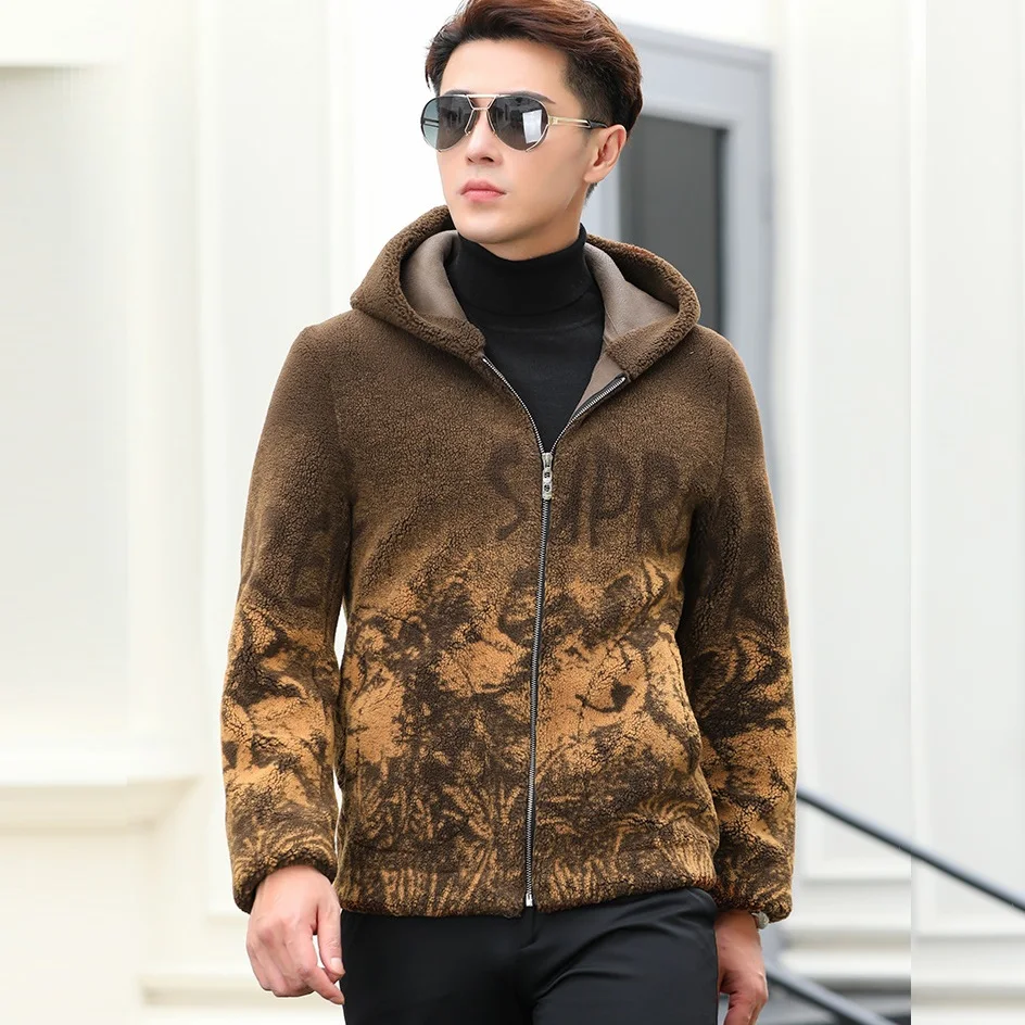 

Wolf Print Imitation Suede Fur Hooded Jacket New Autumn and Winter Men's Fashion All-match Granular Fleece Jacket Streetwear