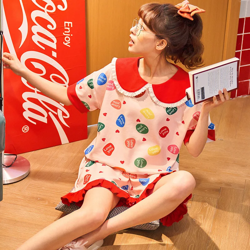 

Пижамный комплект Женский в горошек с коротким рукавом и надписью