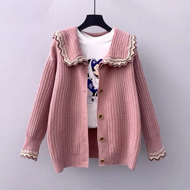 

SALEQI Women Sweater Cardigans Peter Pan Collar Cute Loose Korean Cardigans Sweater Coat Button Up Pink Knit Jacket Poncho Femme