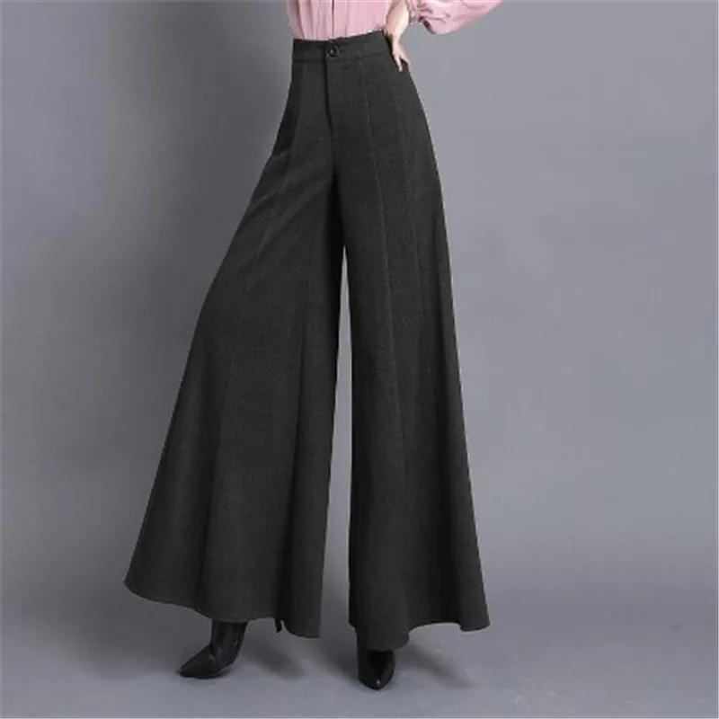 Elegant Woolen Wide Leg Pant Women High Waist Thickening Warm Skirt Pant Female Fashion Loose Trousers Plus Size S-3XL RM50013