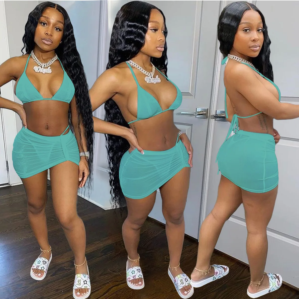 

Bikini Set Swimsuit Women 3 Piece Bathing Suit Push Up See Through Sexy High Waist Swimming 2021 Beach Skirt Brazil Casual Swim