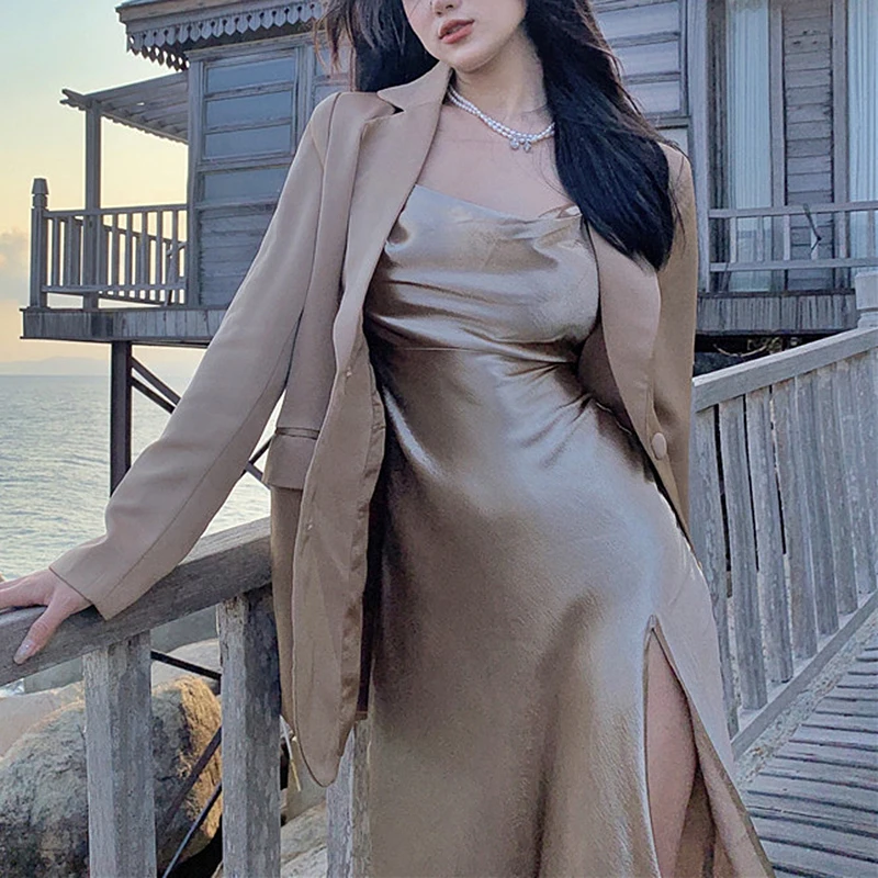 

Vintage Satin Long Dress Women 2021 Summer Spaghetti Strap Split Dresses Plus Size Elegant Party Dress vestidos