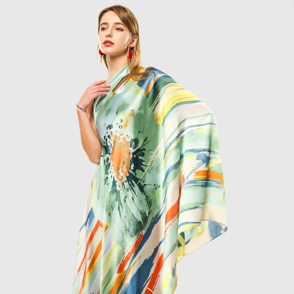 Bright Flower Design Silk Scarf Large Print Foulard Female Soft Shawl Wrap Autumn Protection [3397] |