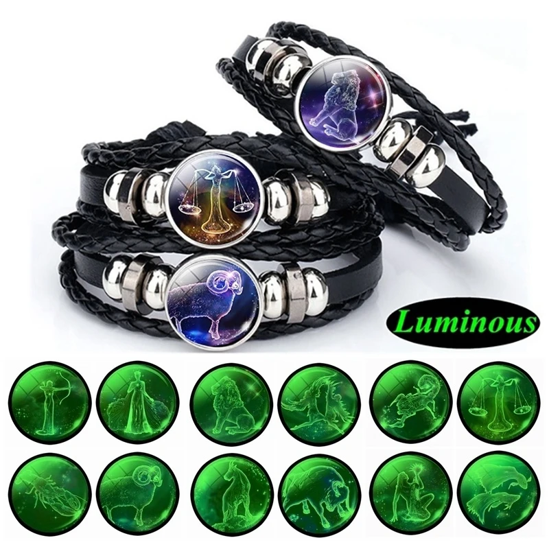 

Luminous 12 Zodiac Signs Bracelet Glow In The Dark Constellation Glass Cabochon Snap Button Leather Bracelets Birthday Gifts