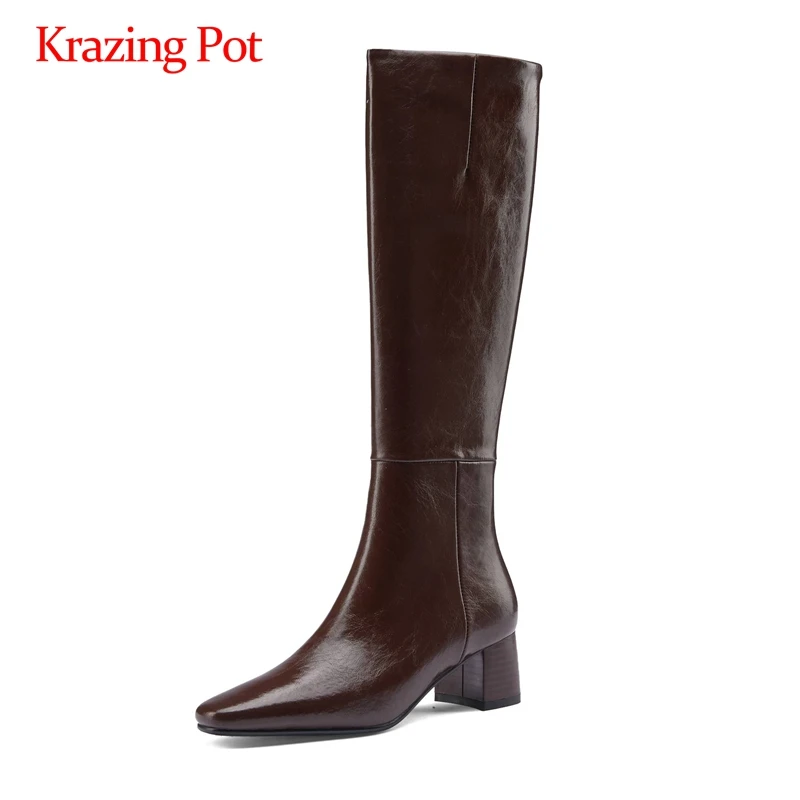 

Krazing pot equestrian boots split leather winter handmade square toe thick high heel back zipper young lady knee-high boots L78