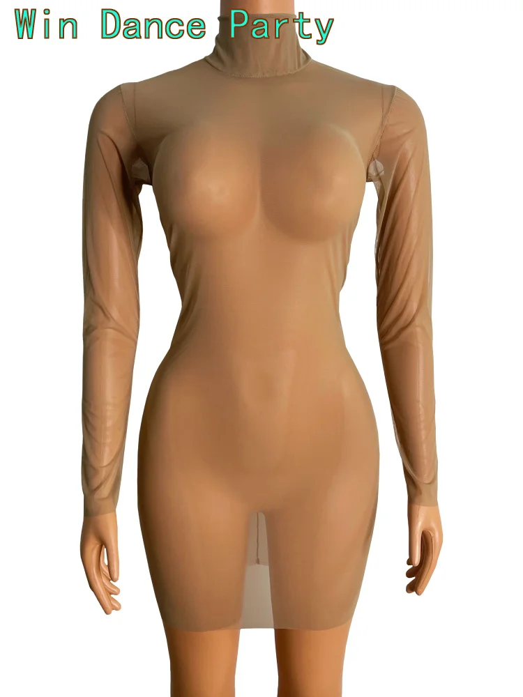 Осенне-зимний комбинезон с длинным рукавом для женщин, сексуальный, короткая юбка бодикон, монобельё, коричневого цвета, сетчатый материал.