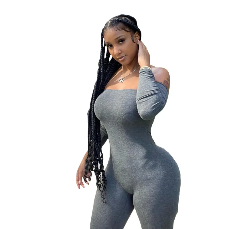 

Fashion Off Shoulder Slash Neck Ruched Stacked Women Long Sleeves Skinny Solid Color Tight Sports Jumpsuit