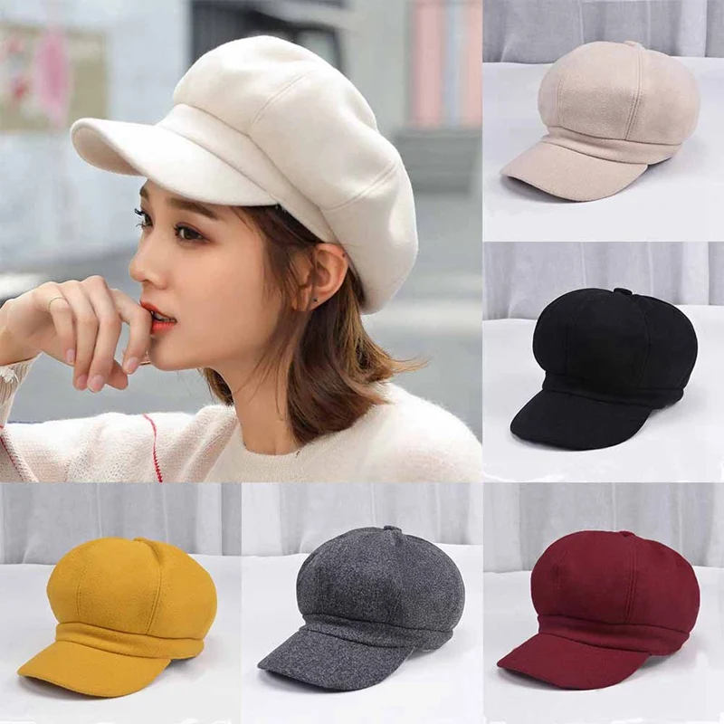 

Adjustable Winter Beret For Women Solid Plain Octagonal Newsboy Cap Ladies Casual Wool Hat Girls Painter Cap