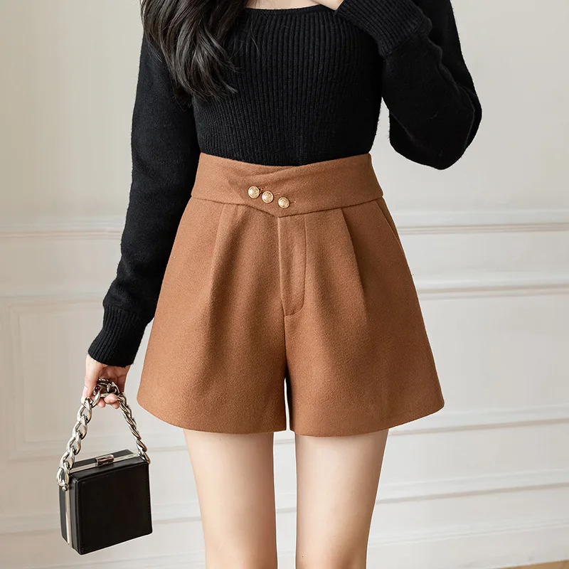 

Women Fashion Solid Color Wool Shorts Korean Style Autumn Winter Loose A-Line Pants Female High Waist Shorts D5425