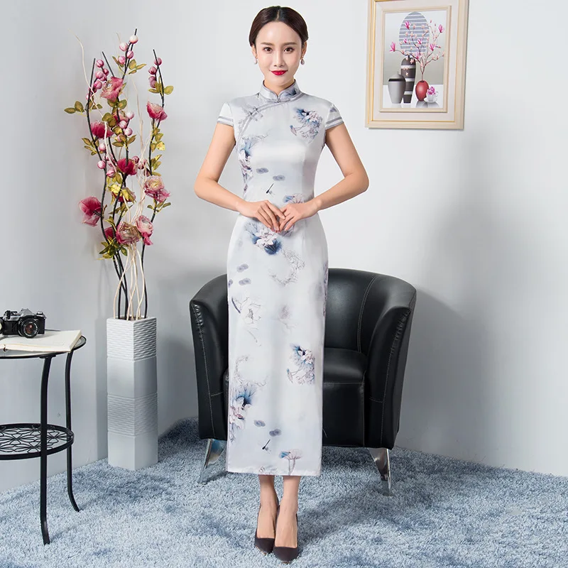 

Women Elegant Mandarin Collar Slim Long Qipao Summer Short Sleeve Exquisite Print Cheongsam M-XXXL Classic Chinese Dress