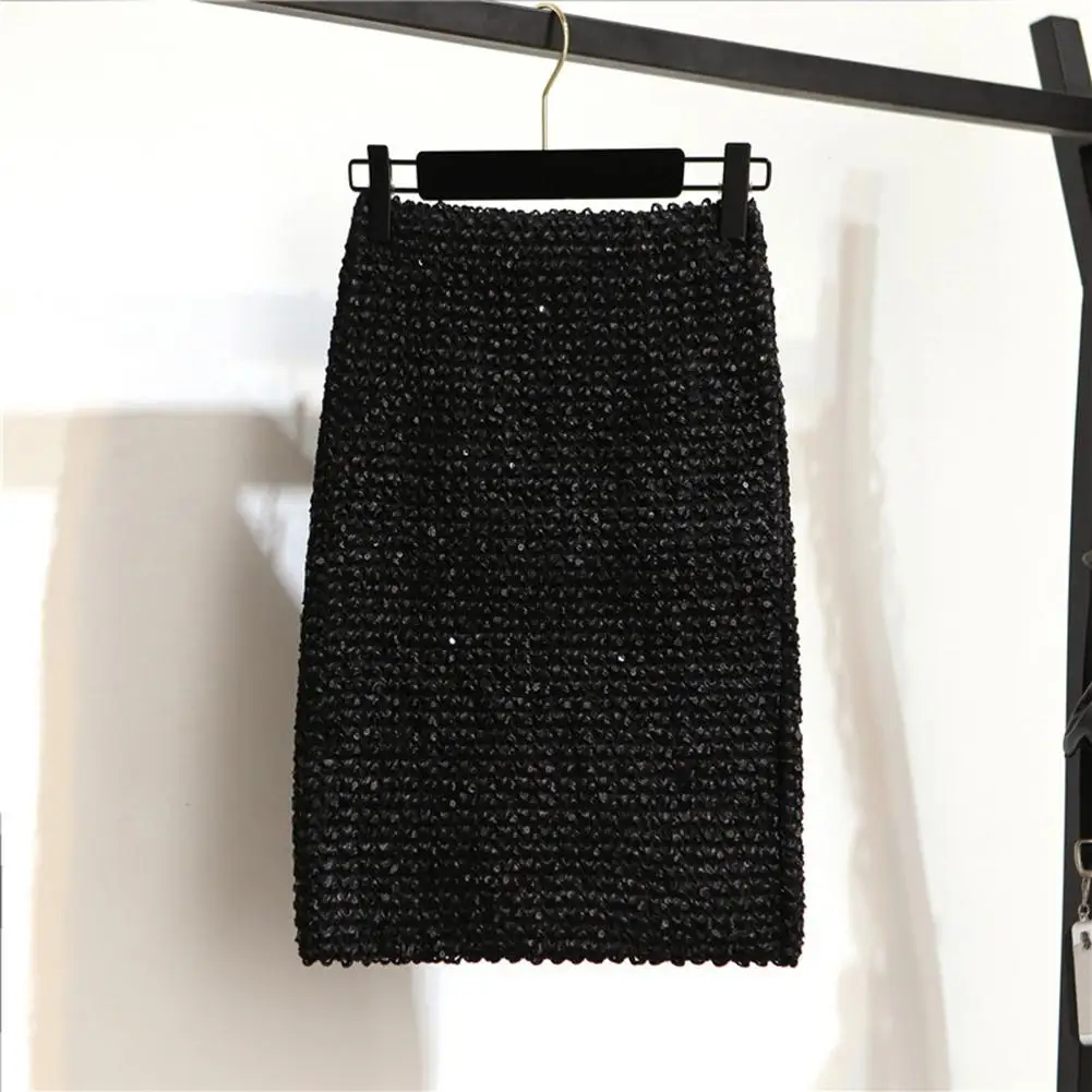 

Autumn and winter Sexy Solid Color Elastic High Waist Sequins Patchwork Bodycon Mini Skirt Mid-length Professional Mid-skirt