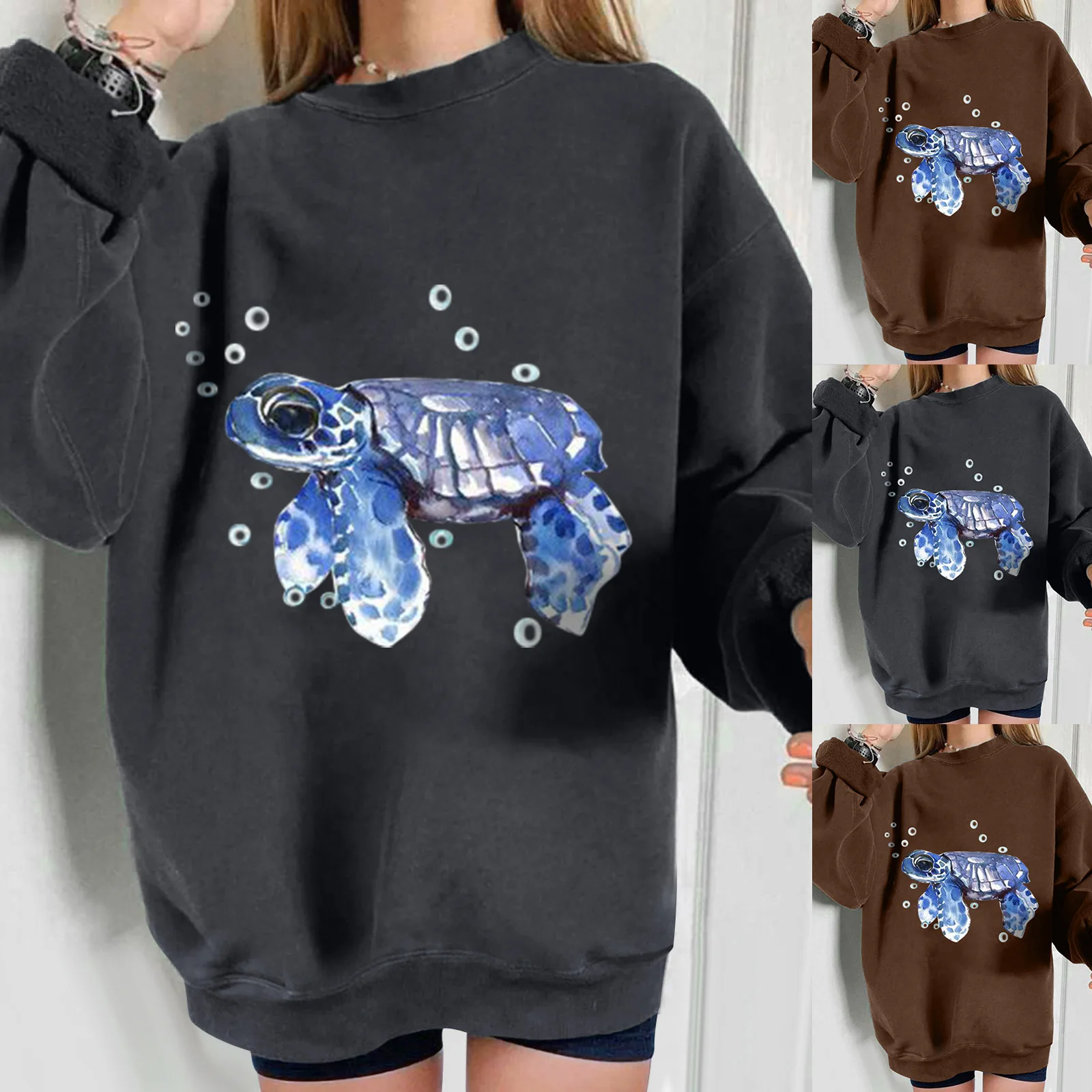 

Sea Turtle Marine Life Animals Print Vintage Women Sweatshirts Harajuku Crewneck Streetwear Sweatshirt Pullovers Drop Shoulder