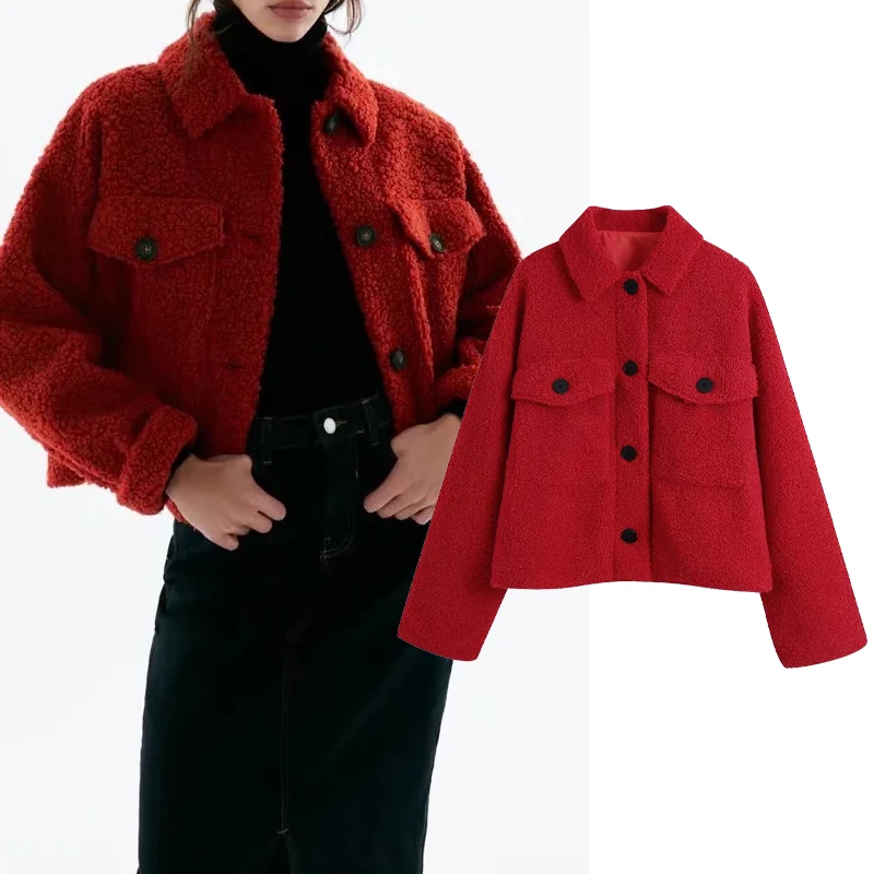 

Za women jacket 2021 fashion lamb fur red jacket retro casual long-sleeved lapel pocket single-breasted chic top women coat