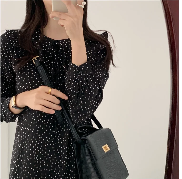 

Women Boho Wave Point Print Dress Spring Autumn Woman Vintage Dress Es Oversize Long Sleeve Beach Party Dresses Black Vestidos