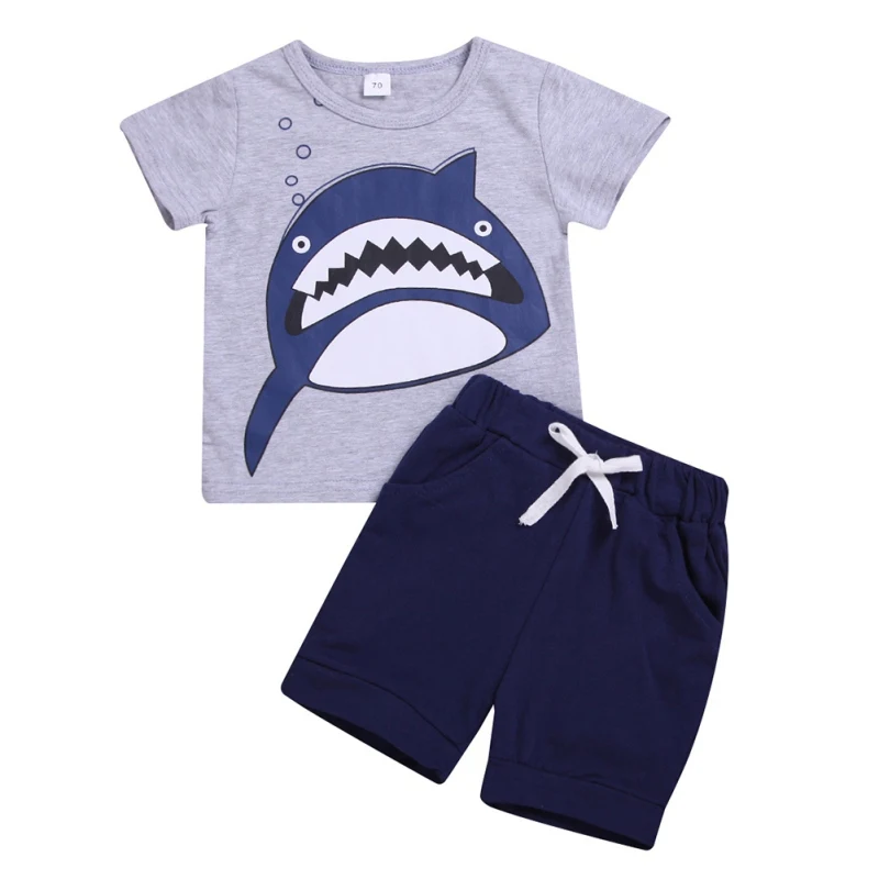 

Детские летние костюмы для маленьких мальчиков, футболка без рукавов с мультяшным принтом акулы + шорты, комплекты одежды 2021