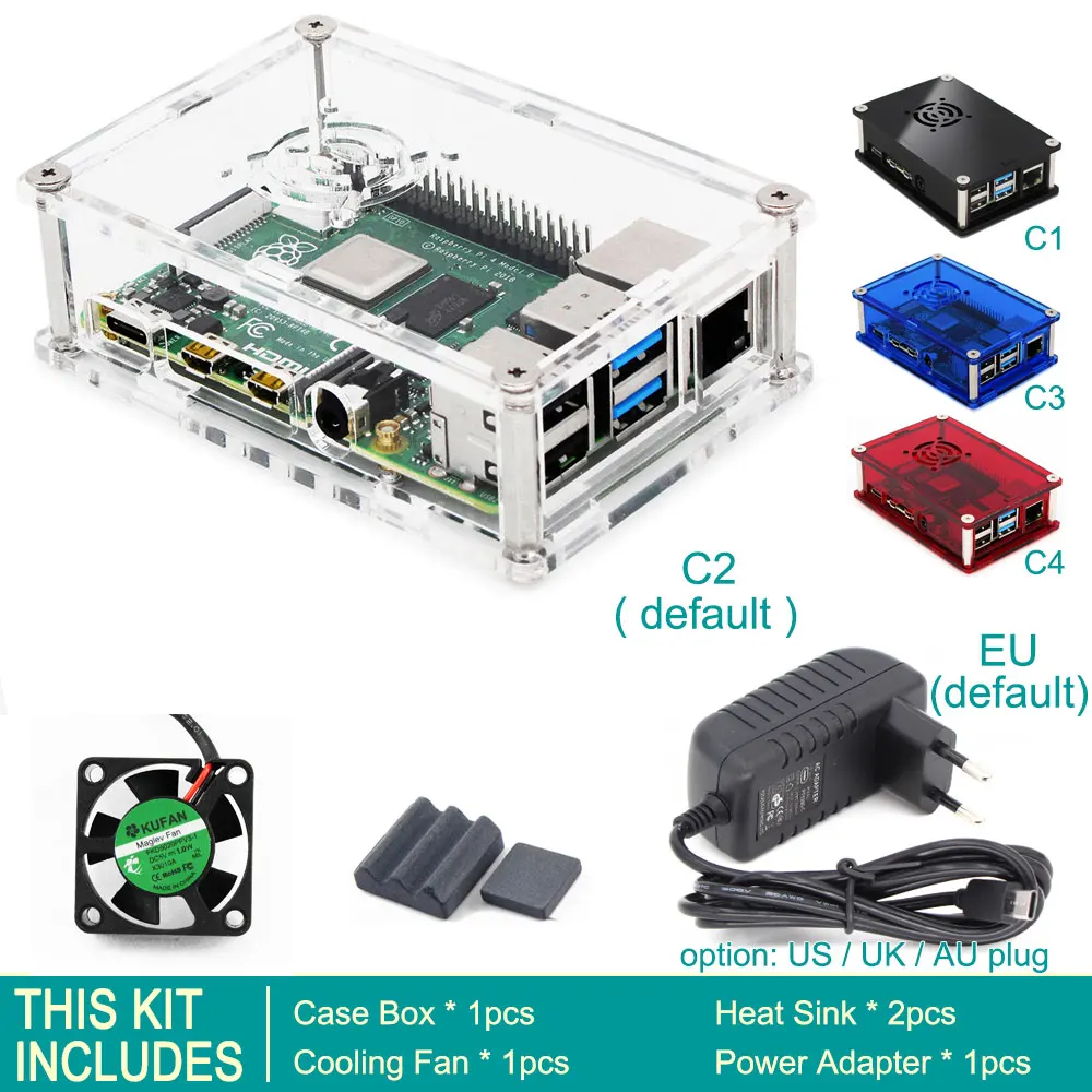 Kit 2 Корпус C2: PMMA прозрачный Raspberry PI 4 корпус коробка PI4 Модель B 1 ГБ/2 ГБ/4 ГБ акриловый чехол Корпус коробка Raspberry PI 4B - Цвет: Kit 2
