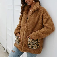 womens winter zipper faux fur sheepskin coat warm soft plush coat leopard print fashion womens plush coat pocket coat korean