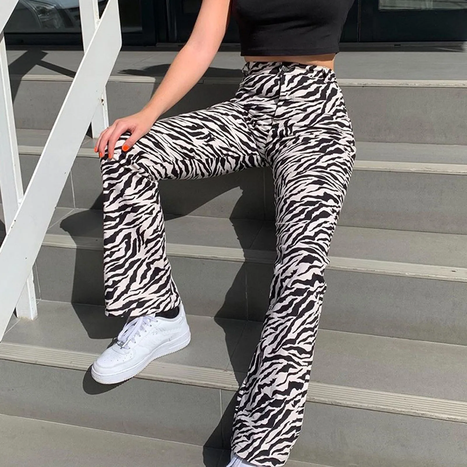 

Women Fashion Zebra Print Pocket High Waist Pants Casual Straight Leg Animal Pattern Jeans Pantalon Pour Femme Dropshipping S-l