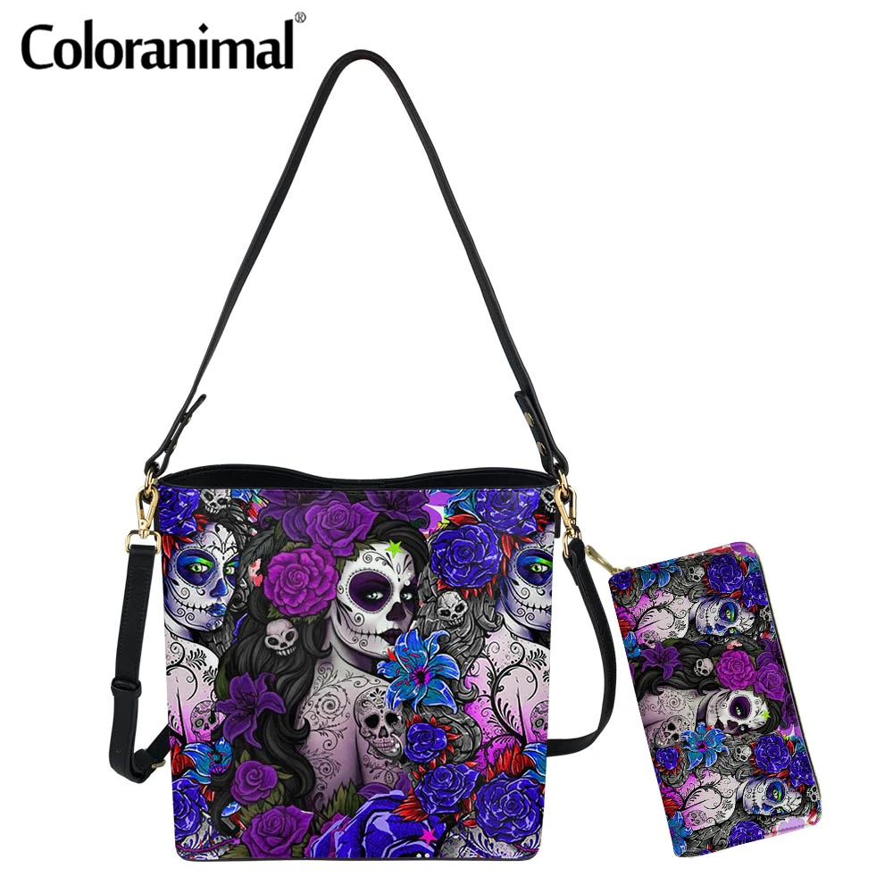 

Coloranimal 2Pcs/Set Shoulder Bag With Purse Brand Design Make-up Sugar Women With Flower Print Ladies PU Bucket Bag Sac a Main