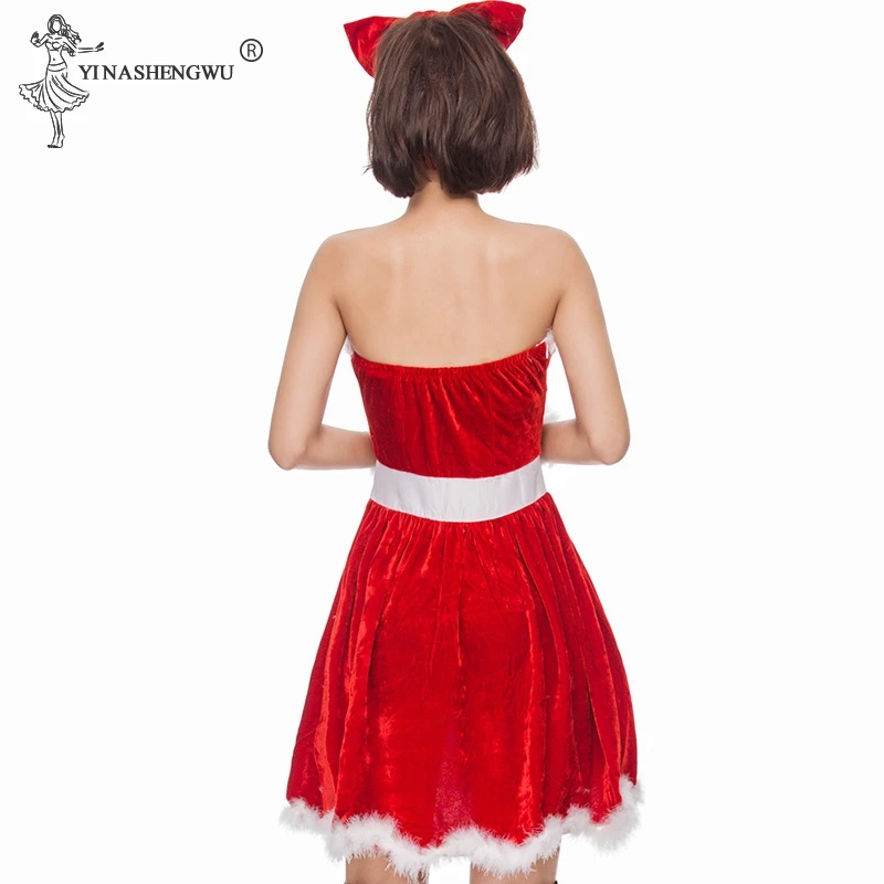 

Ladies Cosplay Costume Christmas Elegant Women Dress Santa Claus Stage Show Clothing Sexy Red Dress with Headwear Gloves