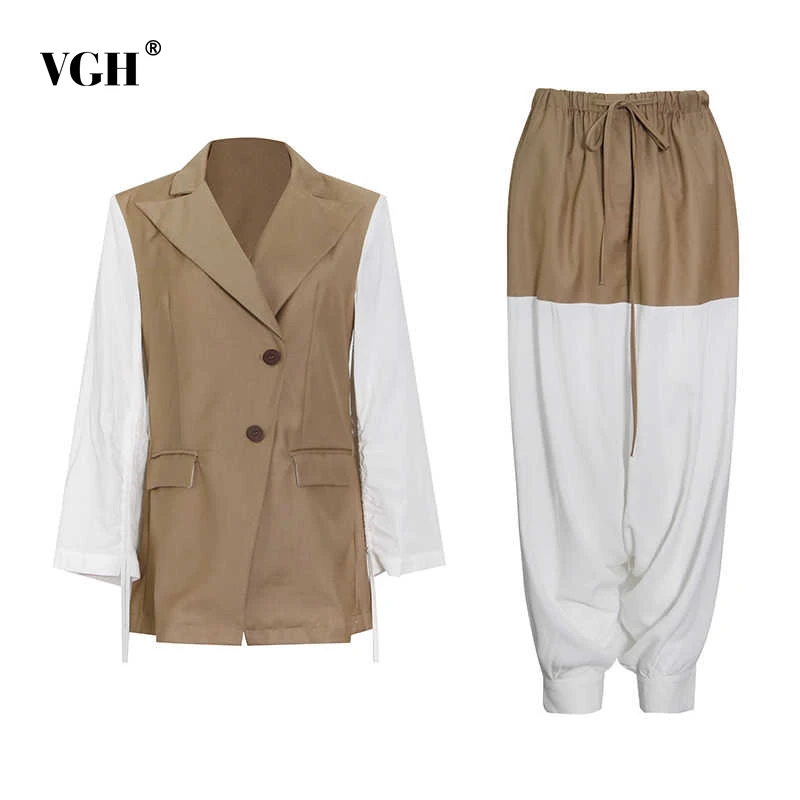 

VGH Colorblock Suit Clothing Flap Pockets Form Fitted Notched Long Sleeve Blazer Self Tie Harem Pant Two Piece Set Women 2021
