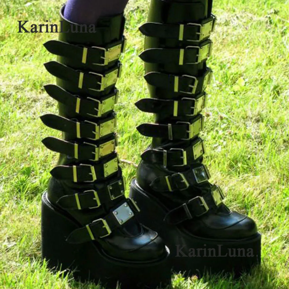 

KarinLuna Brand Design Gothic Style Great Quality Fashion Motorcycle Boots Chunky Platform Wedges Buckles Woman Knee High Boots