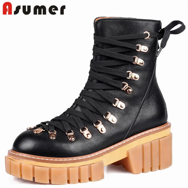 

Женские ботильоны из натуральной кожи Asumer, на шнуровке, с металлическим украшением, повседневные мотоциклетные ботинки, 2022