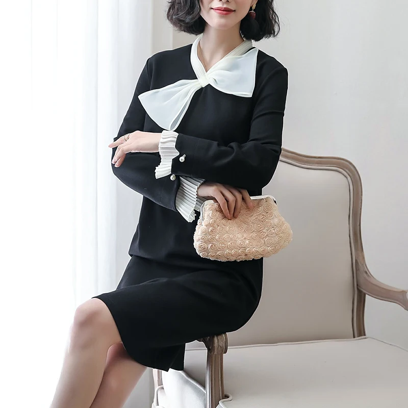 Новое винтажное женское платье с бантом свободное тонкое французское черное 917 |