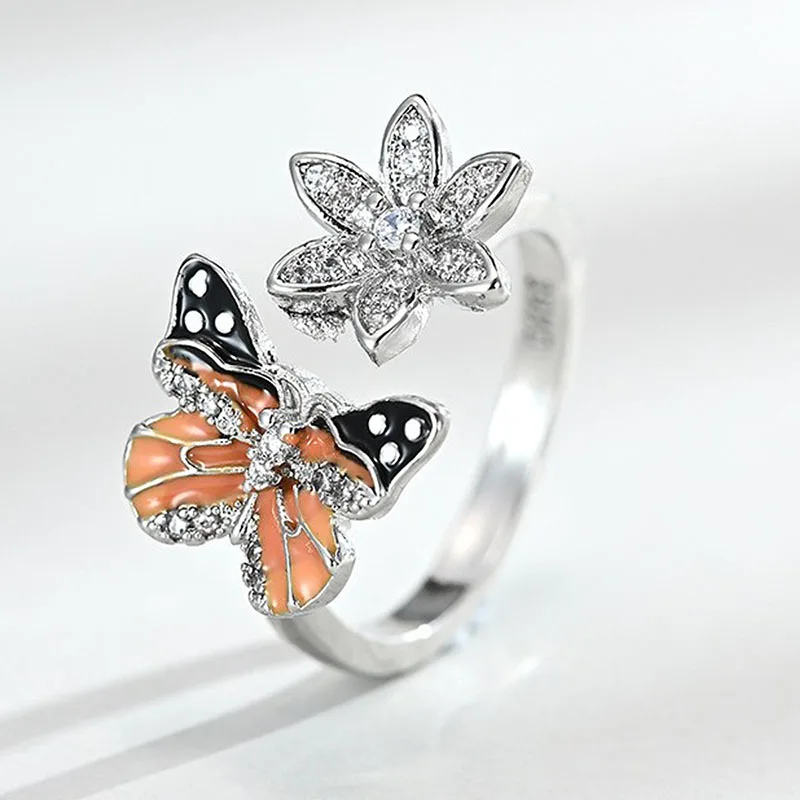 

Creative Dripping Oil Butterfly Insect Flower Floral Shaped Ring Inlaid Rhinestone Crystal for Women Party Jewelry Size 6-10