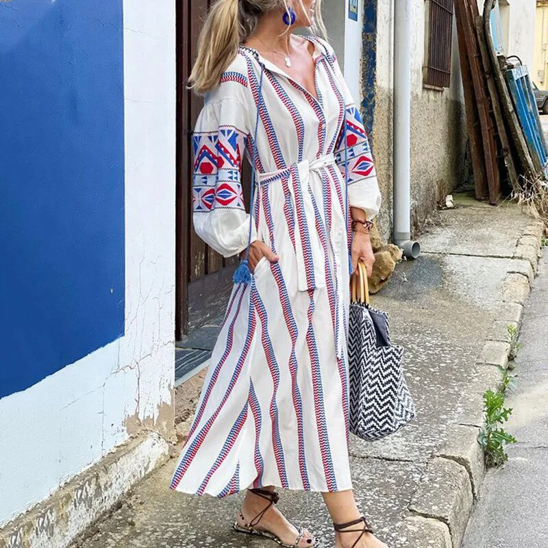 

Robe de plage longue volants, col en V, franges, lacets, manches lanternes, Maxi, mode Vintage, imprim, robe de soire