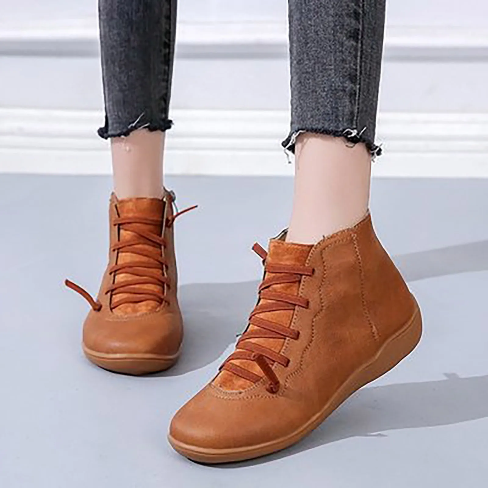 

Women Ankle Boots Autumn And Winter Fashion Plus Fleece Boots Shallow Flat Platform Shoes зимние ботинки женские bottine femme