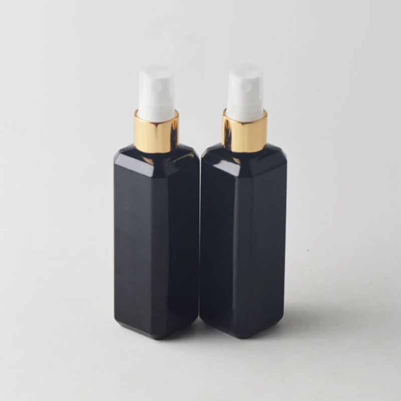 

50pcs 100ml Black square plastic liquid gold silver sprayer pump bottles,Cosmetic packaging PET bottle,Mist containers bottles