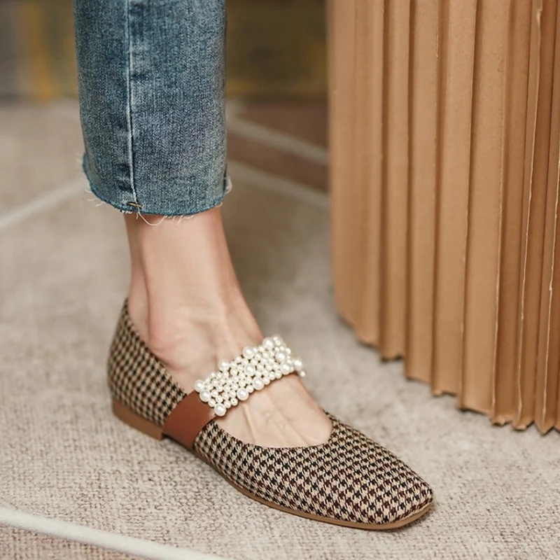 

Женские туфли на низком каблуке, туфли-лодочки из хлопчатобумажной ткани с квадратным носком, Украшенные бусинами и жемчугом, весна-осень ...