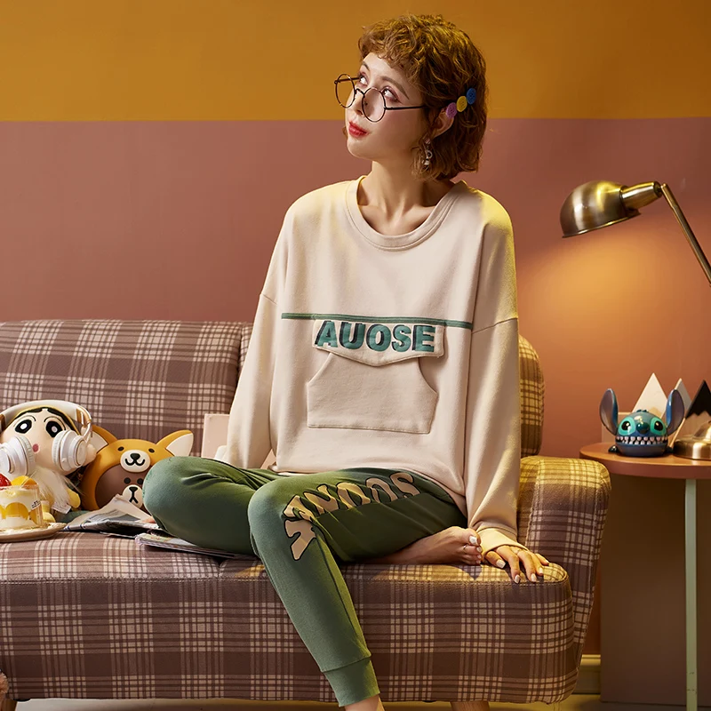 

JRMISSLI Cotton Letter Loungewear Women Spring Pajamas Long Sleeved Printing Pajamas Loose Size Pyjamas Women