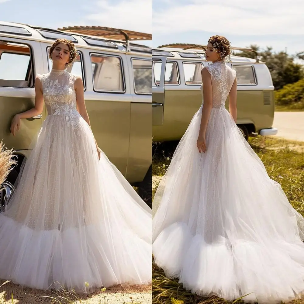 

Богемное свадебное платье А-силуэта es Jewel без рукавов Кружевное Свадебное платье с аппликацией на заказ на пуговицах сзади Свадебное платье...