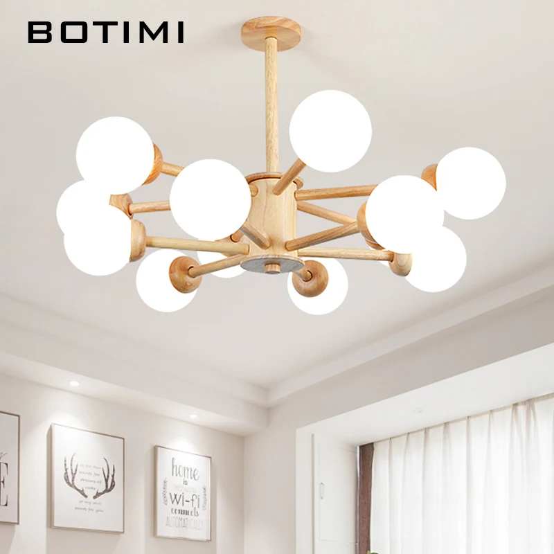BOTIMI Solid Wood Chandelier For Living Room Glass Lampshades LED Chandelier Lighting Lustre Para Sala De Jantar Hotel Hall Lamp