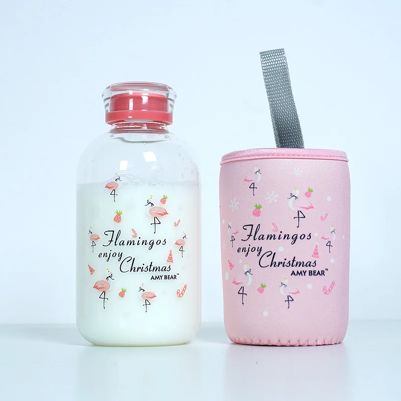 Xmas Flamingo 600ml Креативная стеклянная бутылка для воды с полярным медведем пингвином милые животные бутылки для льда мультяшная Спортивная бутылка для кемпинга посуда для напитков Прямая поставка - Цвет: Xmas Flamingo 600ml
