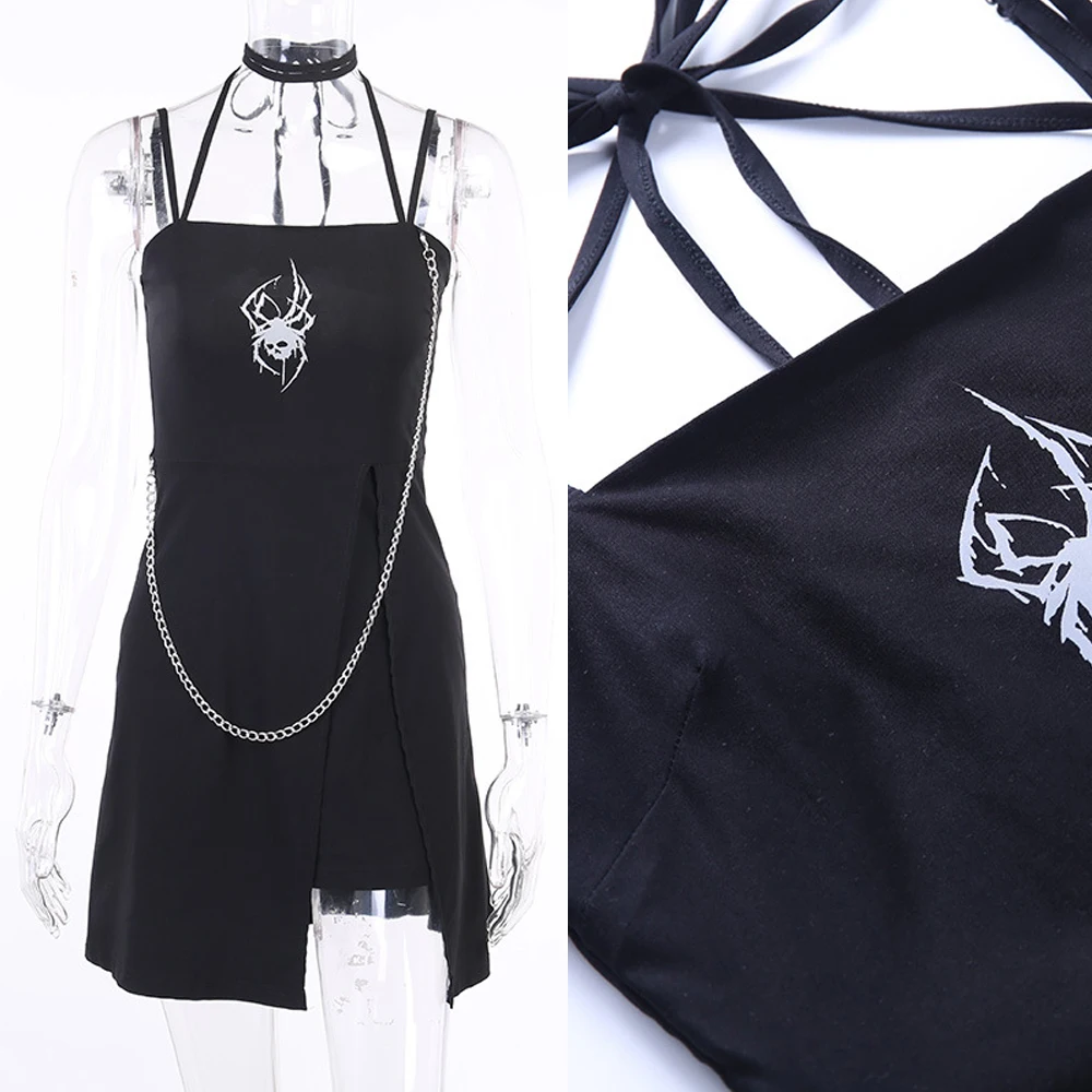 

Horror Spider Punk Dress With Chain Halter Straps Irregular Patchwork Split Mini Club Dresses Sexy Party Outfit For Women Summer