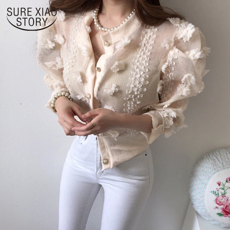 

Блузка женская осенняя, стереоскопическая, с цветами, 2021, шифоновая рубашка с длинным рукавом, 15443