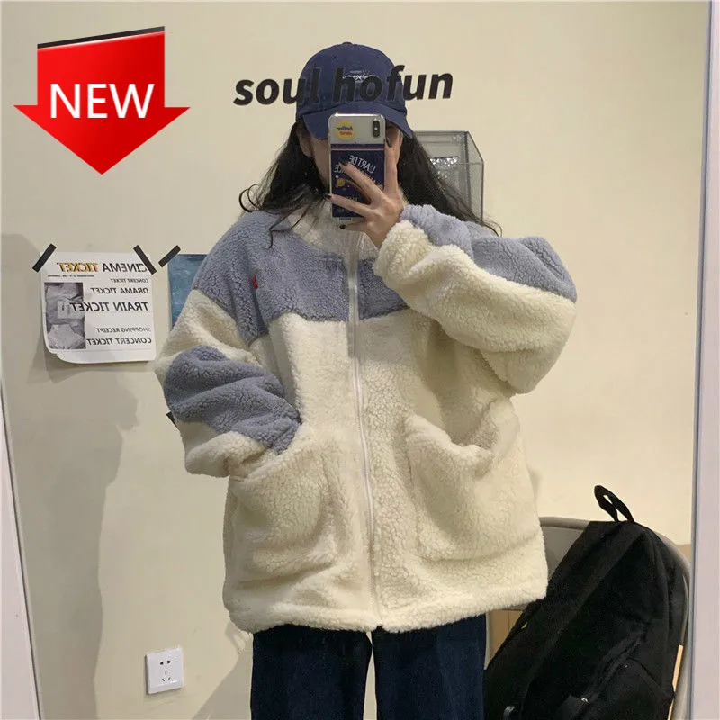 

Женская зимняя куртка-бомбер в стиле Харадзюку, меховое пальто из искусственной овечьей шерсти, флисовая женская уличная одежда, милые толс...