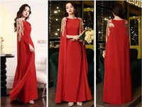 red long sleeve evening dresses for women wear lace appliques crystal abiye dubai caftan muslim prom party gowns